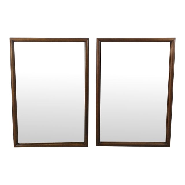 Pair of Mid Century Modern Rectangular Wall Mirrors With Thin Walnut Frame For Sale