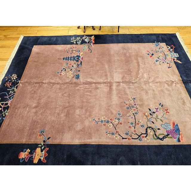 1900 - 1909 Vintage Hand-Knotted Chinese Art Deco Rug, Wool Pagoda Floral Motif, 9' x 12' For Sale - Image 5 of 17