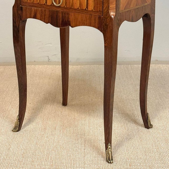 Pair of French Marble Top Marquetry Side Tables ~ Nightstands For Sale - Image 14 of 18