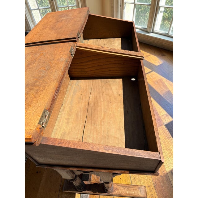 Chestnut Antique English Slant-Top Gothic Revival Oak Double School Desk For Sale - Image 8 of 10