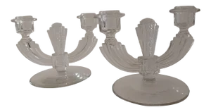 Antique Art Deco Clear Glass Double Candelabras- a Pair