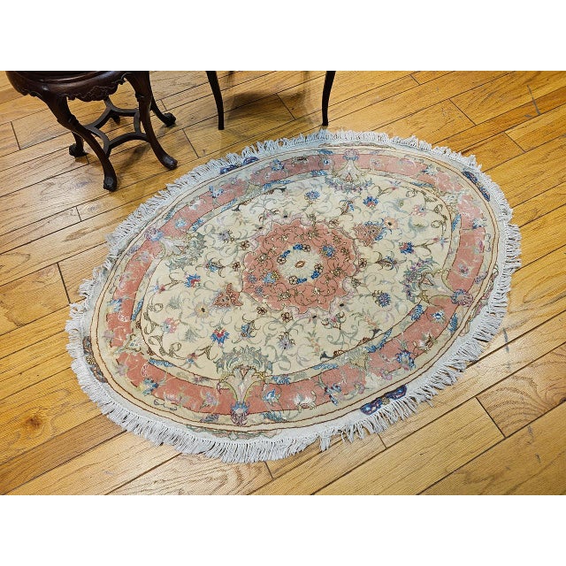 Ivory Vintage Oval Shaped Persian Tabriz Rug, Hand-Knotted Wool & Silk, Floral Pattern, Ivory & Pale Pink, 3x5 For Sale - Image 8 of 8