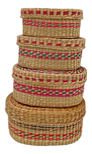 Vintage Sweet Grass Nesting / Stacking Baskets Lidded Boxes Small Storage - Set of 4