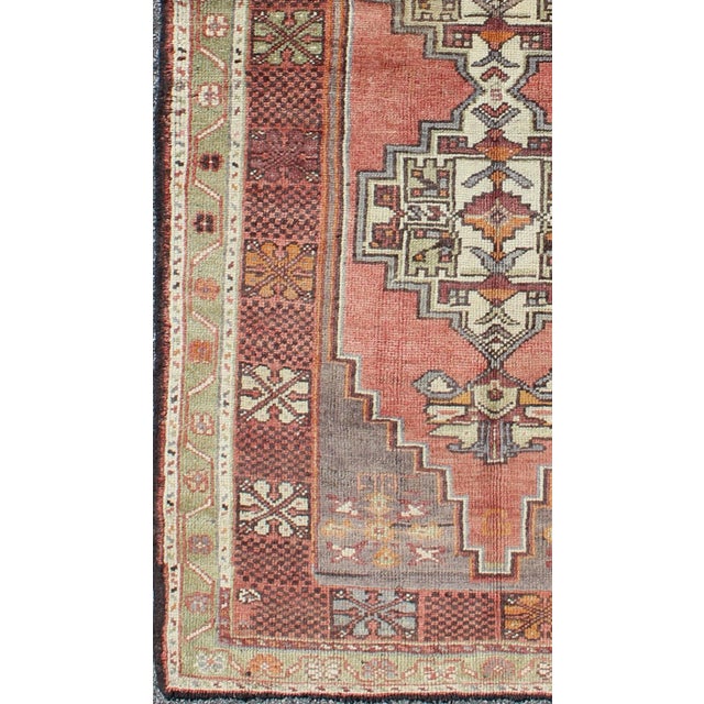 Mid 20th Century Mid 20th Century Soft Red and Green Vintage Turkish Oushak Rug With Sub-Geometric Dual Medallions For Sale - Image 4 of 8
