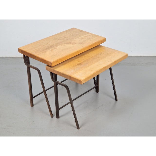 1970s Brutalist Cast Iron and Oak Nesting Tables, 1970s, Set of 2 For Sale - Image 5 of 16