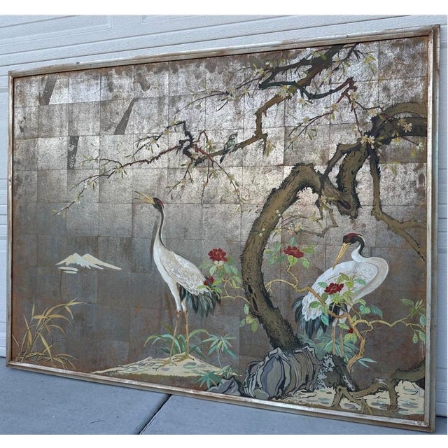 1920s Large Japanese Chinoiserie Crane Painting on Wood Panel W/ Silver, Gold, & Copper Leaf — Art Deco Framed For Sale - Image 11 of 18