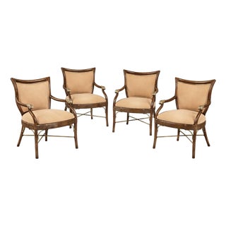Vintage Hollywood Regency Faux Bamboo Armchairs With Gilt Scroll Arms After Ferguson Copeland, Set of 4 For Sale