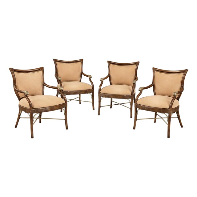 Vintage Hollywood Regency Faux Bamboo Armchairs With Gilt Scroll Arms After Ferguson Copeland, Set of 4 For Sale