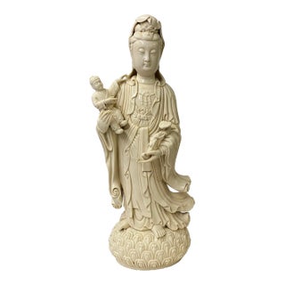 Chinese Off White Porcelain Song Zi Kwan Yin With a Boy Figure / Statue For Sale