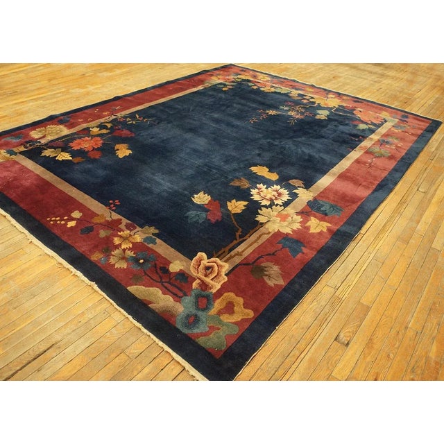 1920s Chinese Art Deco Carpet ( 9' x 11'8" - 275 x 355 ) Antique Art Deco Chinese Allover Floral Navy 1920s Rug, Circa...