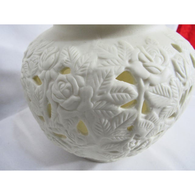 White Vintage Porcelain Rose Covered Vase or Candle Holder For Sale - Image 8 of 12