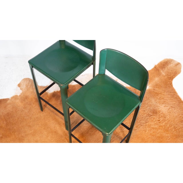 1980s Mid-Century Matteo Grassi Green Saddle Leather Sistina Counter Stools - A Pair For Sale - Image 14 of 16