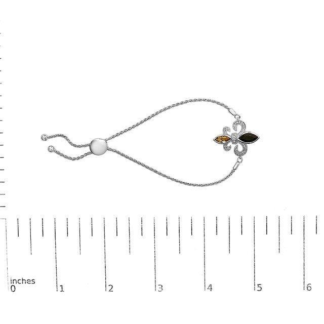 Early 21st Century .925 Sterling Silver Marquise Black Onyx, Orange Citrine, and Diamond Accent Lariat 4���-10��� Fleur De Lis Adjustable Bolo Bracelet - 7" For Sale - Image 5 of 5