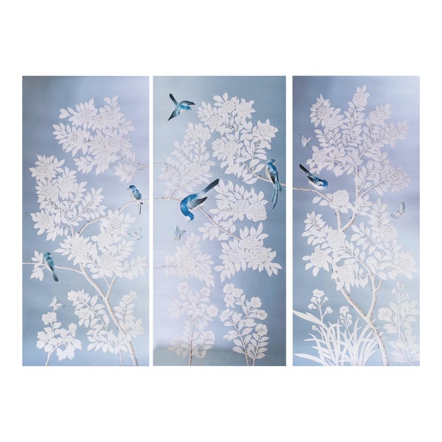 Unframed Hand-Painted Silk Blue Chinoiserie Wallpaper Panels - Set of 3 For Sale
