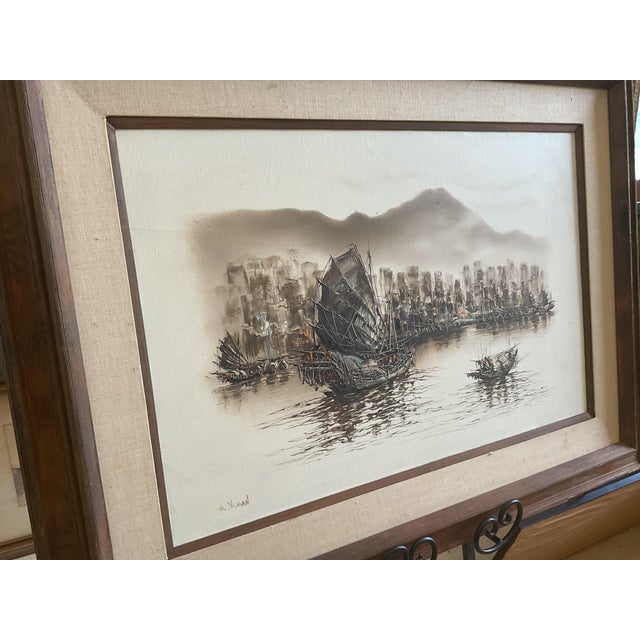 Asian Framed Asian Harbor Scene Ink Wash Drawing Fishing Boats Landscape For Sale - Image 3 of 11
