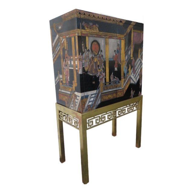 Late 20th Century Maitland Smith Hand Painted Chinoiserie Cabinet Cupboard on Brass Stand 5442 For Sale