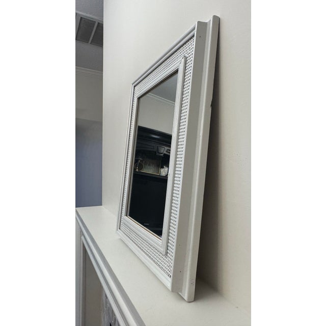 Vintage Coastal White Painted Natural Cane & Solid Wood Wall Mirror For Sale - Image 9 of 10