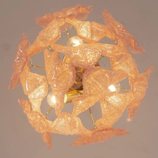 Pink Suspension Chandelier with Murano Glass Leaves, Italy, 1990s For Sale - Image 6 of 11