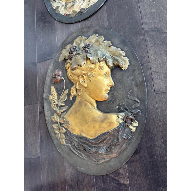 Mid 20th Century Pair of Oval Art Nouveau Gilt Metal Bas Relief Figure Bust Cameo Wall Plaques 23"x17" For Sale - Image 4 of 10