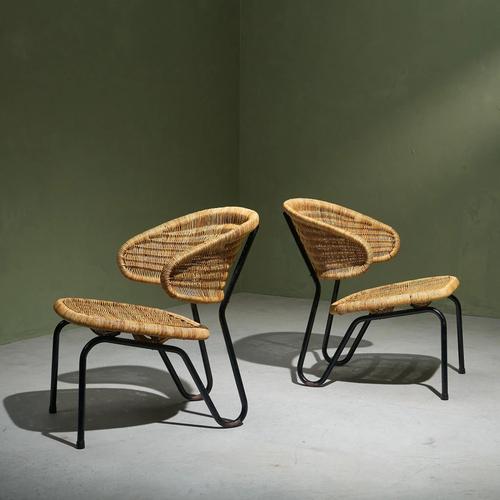 Black Rattan Lounge Chairs with Black Tubular Steel Frames by Gebroeders Jonkers for Dirk van Sliedregt, Netherlands, 1960s, Set of 2 For Sale - Image 8 of 8