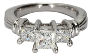 Platinum Three-Stone Ring With Princess Cut Diamonds - Size 6