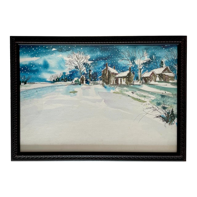 Contemporary Vermont Winter Snowscape Pen and Watercolor Painting, Framed For Sale