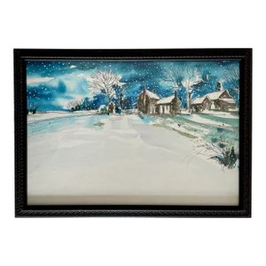Contemporary Vermont Winter Snowscape Pen and Watercolor Painting, Framed