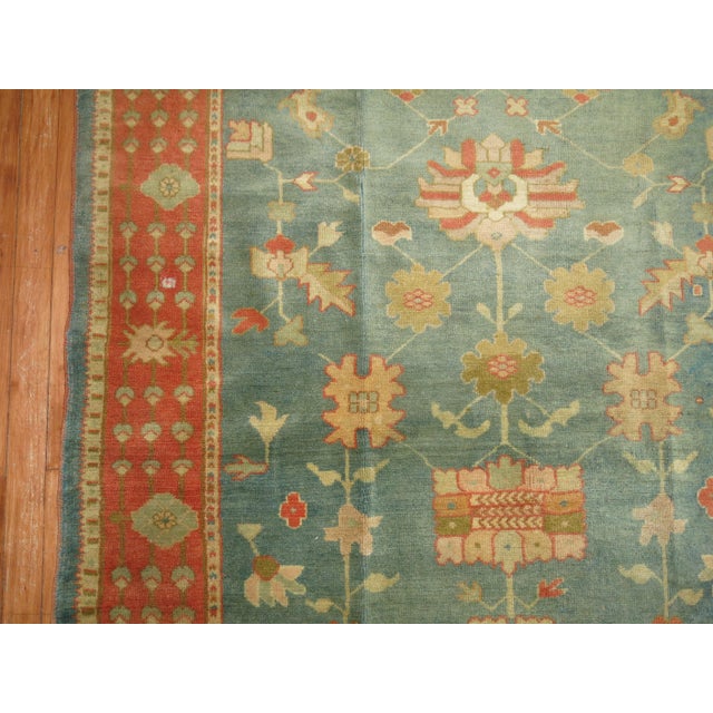 Folk Art Antique Zabihi Collection Green Orange Oushak Rug For Sale - Image 3 of 6