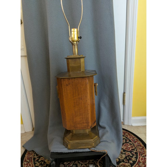 Vintage Burlwood and Brass Hexagonal Table lamp. Tea Caddy design.