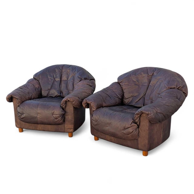 Late 20th Century Slouchy Overstuffed Leather Lounge Chairs in Chocolate Brown - Pair For Sale - Image 18 of 18