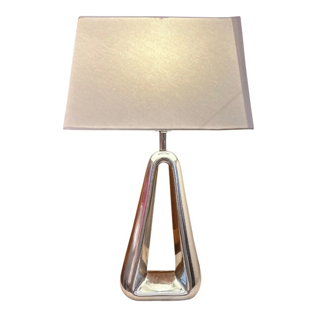 Chrome Crackle Finish Ceramic Tabletop Lamp With Custom Linen Shade For Sale