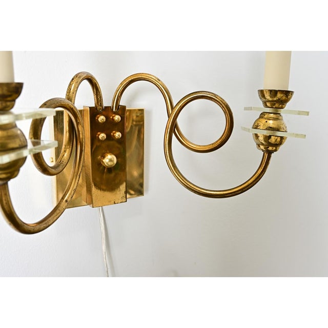 Vintage French Brass & Glass Wall Sconces - A Pair For Sale - Image 12 of 14
