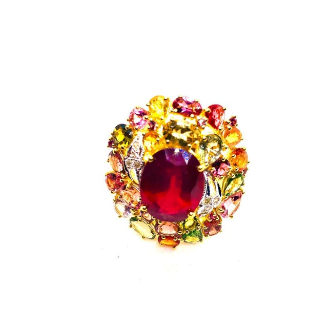 Baroque Bochic “Orient” Vintage Diamond, Ruby & Multi Sapphire Ring Set In 18K Gold & Silver For Sale - Image 3 of 13