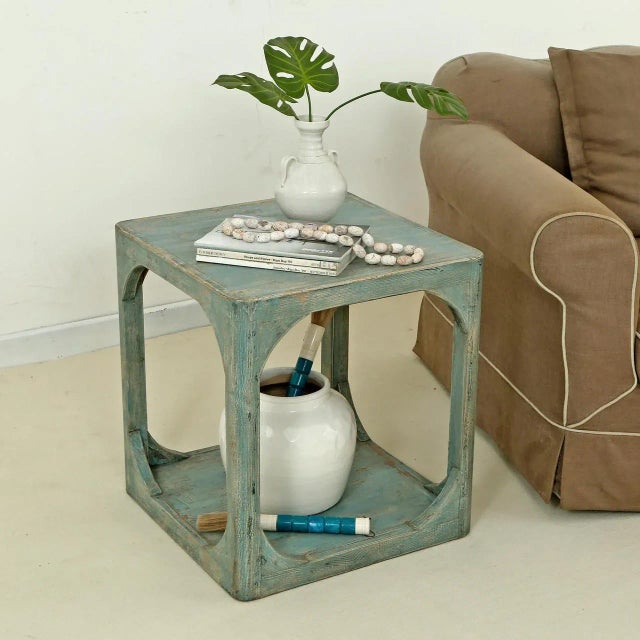 Aqua Artisan-Carved Soft Aqua Wood Side Table — Grounded Anchor For Sale - Image 8 of 8