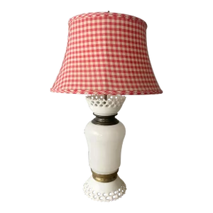 Vintage Milk Glass Lamp With Gingham Plaid Shade