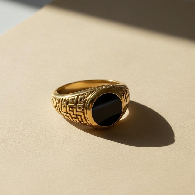 Men’s Black Onyx Ring With Arabic Calligraphy Design, Size 7.5 For Sale - Image 4 of 10