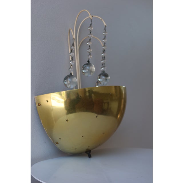 Paavo Tynell 1940s Pair of Mid-Century Brass Sconces With Pierced Star Shades and Crystal Drops in the Manner of Paavo Tynell For Sale - Image 4 of 5