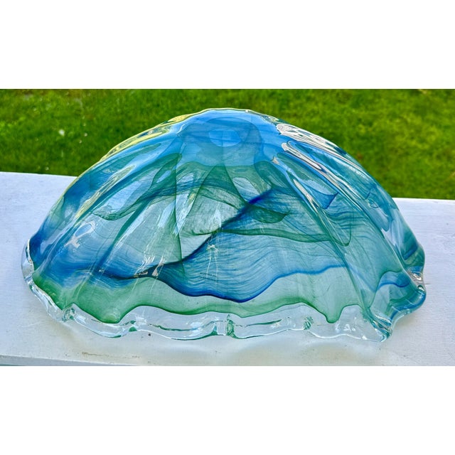 Green Murano Green and Blue Scalloped Large Glass Statement Bowl For Sale - Image 8 of 10
