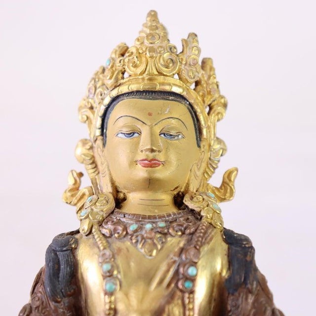 Pair Of Antique 2-Toned Bronze Buddhas: Medicine Buddha & Aparmita Buddha Of Infinite Life C1920 Measures - 8 1/4" x 6...