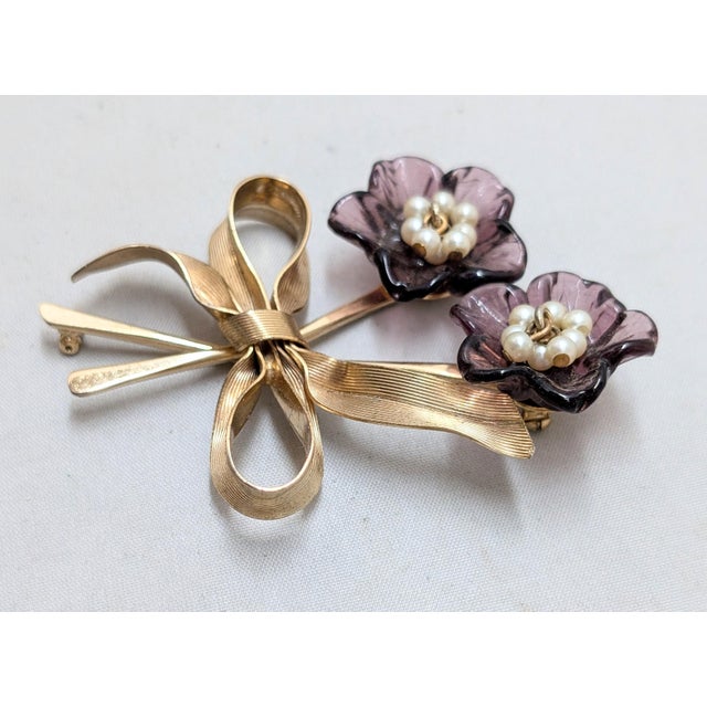 Mid-Century Modern Vintage 1950s Signed Napier Purple Glass & Faux-Pearls Floral Spray Brooch For Sale - Image 3 of 7