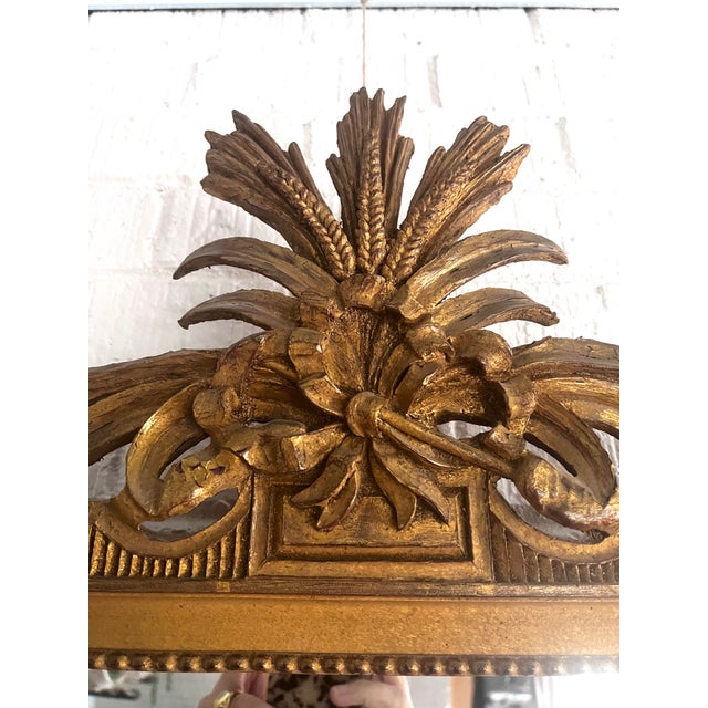 Antique French Carved Giltwood Wheat & Foliate Motif Crest Beveled Mirror For Sale - Image 6 of 10