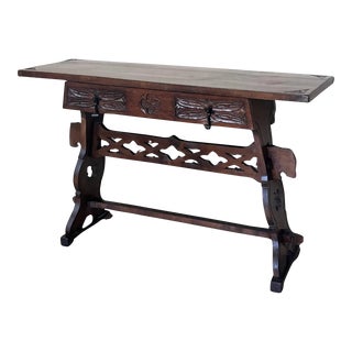 19th Pair of Solid Walnut Baroque Lyre-Leg Trestle Nightstands With Drawer For Sale