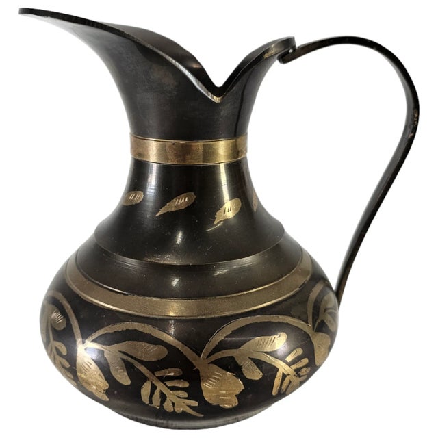 Indian Vintage Etched Brass Pitcher With Blackened Ground, India, 6.5" For Sale - Image 3 of 7