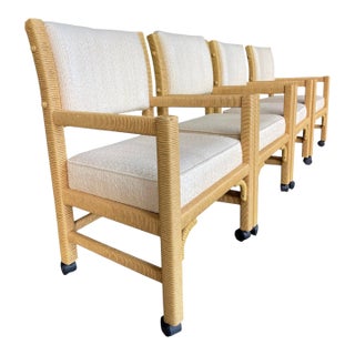 Vintage Henry Link Wrapped Rattan Dining Armchairs on Casters – Palm Beach Style | Set of 4 For Sale