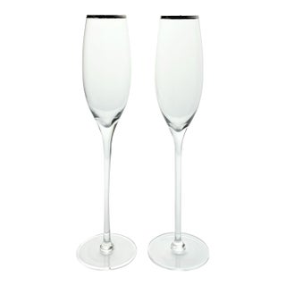 Pair of Contemporary Tall Fluted Silver Rim Champagne Glasses For Sale