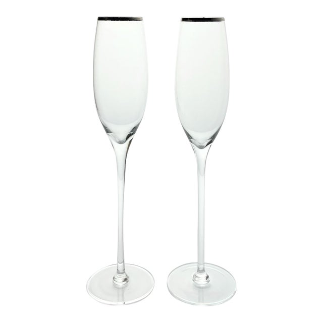 Pair of Contemporary Tall Fluted Silver Rim Champagne Glasses For Sale
