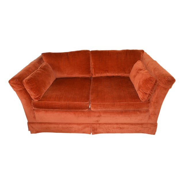 Vintage Mid Century Hickory Tavern / Lane Burnt Orange Upholstered Loveseat Sofa For Sale