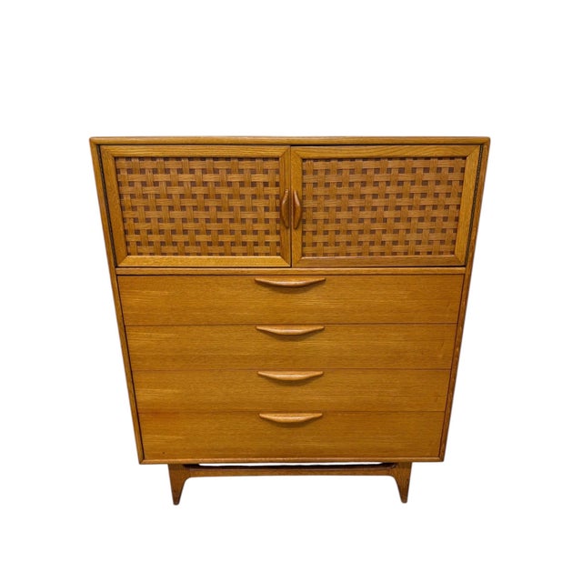 Elevate your space with this 1960s Lane Perception high chest, crafted in beautiful blonde oak and showcasing iconic Mid-...