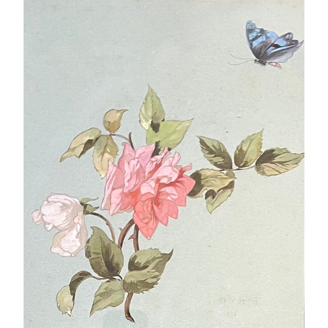 Antique 19th century American floral botanical watercolor gouache study of a rose and butterfly signed Copely. Matted in a...