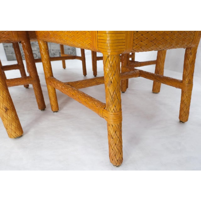 Leather Basket Weave Wicker Style Square Dining Room Table 4 Chairs Glass Top For Sale - Image 17 of 18